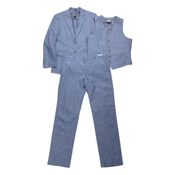 Jos. A. Bank Other - JOS A BANK LINEN Slim Blue 3 Piece Business Casual Blazer Vest Pants Suit 38R